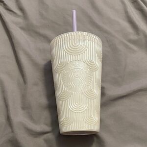 Starbucks Cream Textured Tumbler with Purple Straw